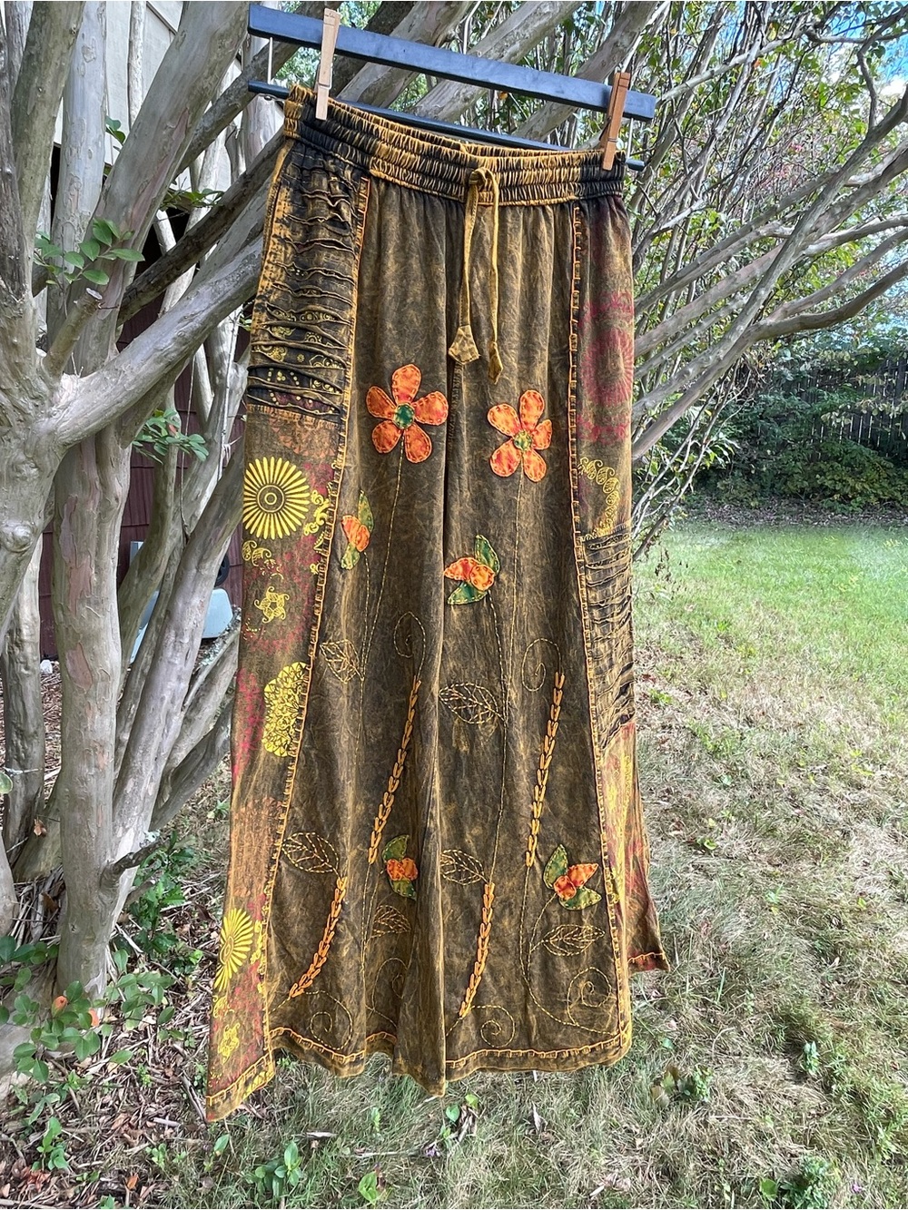 Mountain Girl Embroidered Bohemian Wide Leg Women’s S/M Brown Clay Lounge Pants